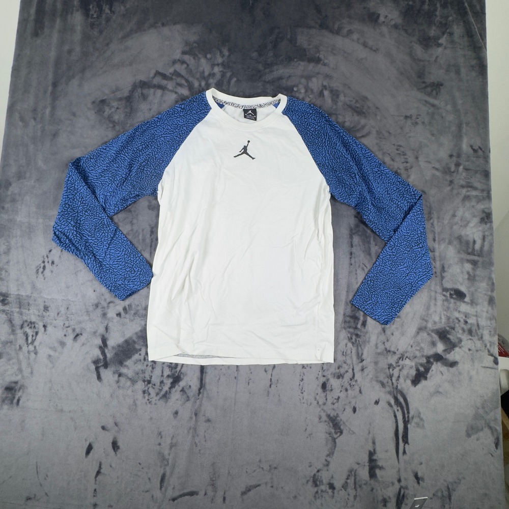 Jordan Raglan Shirt Mens Medium White Blue Elephant Print Jumpman Long Sleeve